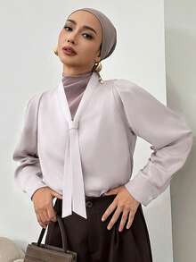 Livesso Women's Bow Collar Fitted Casual Commuter Shirt Long Sleeve - Apricot - View 5