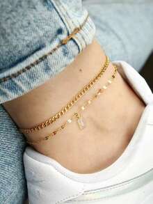 Tkool 2pcs/Set Delicate Lips Chain With Shiny Cube Pendant Women Double Layer Anklet Set - Yellow Gold - View 5