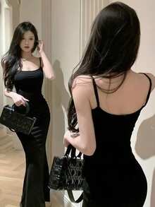 紧身包臀吊带连衣裙，修身鱼尾裙摆，优雅法式夏季性感夜店风黑色连衣裙 - 黑色 - 查看 2