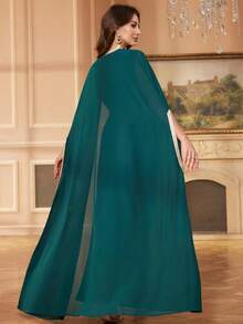 2pcs/Set Chiffon Lace Inlaid V-Neck Tie Waist Extra Long Dress, Arabian Style For Women - Green - View 6