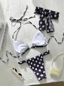 Bộ bikini hai mảnh chấm bi gợi cảm dành cho nữ, kiểu buộc dây phía sau, chất liệu voan mỏng, thích hợp cho kỳ nghỉ hè, đi biển. - màu nâu - Xem 7