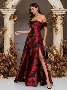 Women's Elegant Off-Shoulder Sleeveless Dress, Black And Red Floral Pattern, Slit Design, Showcasing Graceful Elegance - Red - View 6