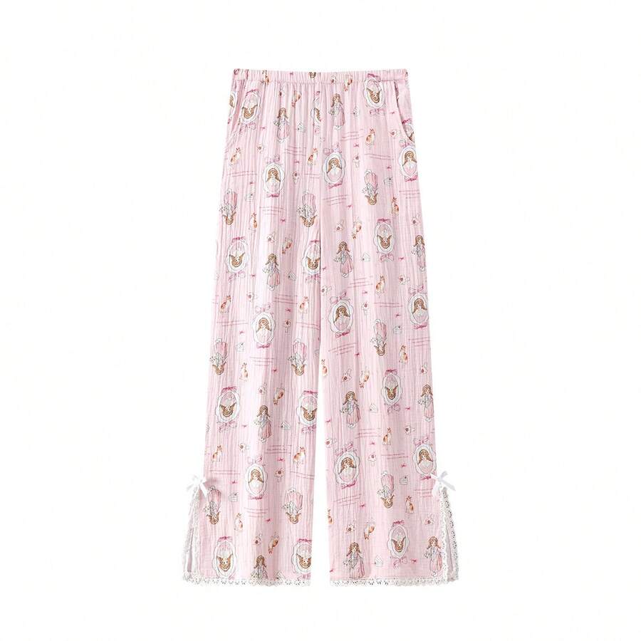 1pc Women's Cartoon Print Soft & Breathable 100% Cotton Pajama Pants - Pink - View 1