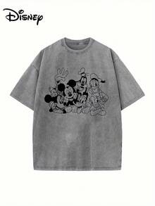 Disney "Official Authorization" Mickey Dream House Cartoon Character Printing Washed Retro Pure Cotton T-Shirt Summer Y2k Wind Loose Round Neck  Casual Men And Women 230g - 灰色 - 查看 1