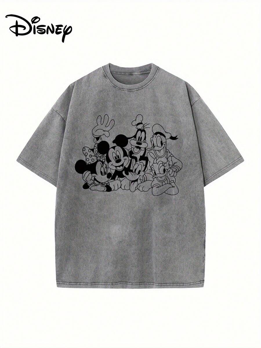 Disney "Official Authorization" Mickey Dream House Cartoon Character Printing Washed Retro Pure Cotton T-Shirt Summer Y2k Wind Loose Round Neck  Casual Men And Women 230g - 灰色 - 查看 1