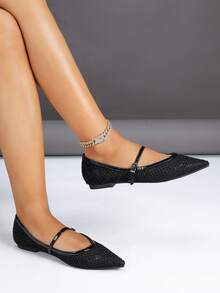 Sparkling Rhinestone Mesh Pointed Toe Shoes, French Classic Versatile Fashion - Black - View 1