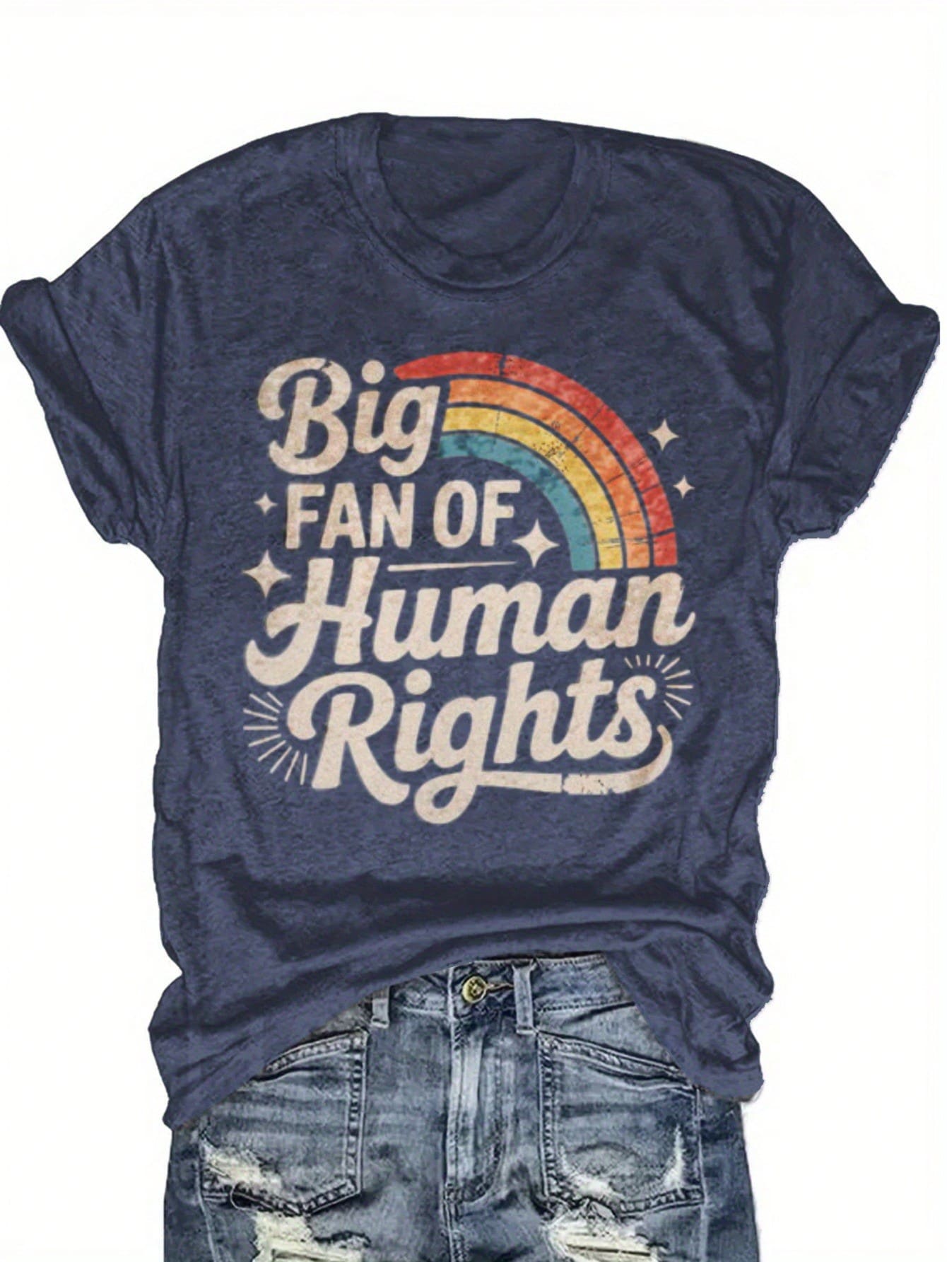"Human Rights Ally" Rainbow Pride Vintage Tee | Retro Typography Graphic Shirt For LGBTQ+ Supporters & Activists | Unisex Streetwear, Soft Cotton Casual Top - 藏蓝色 - 查看 1