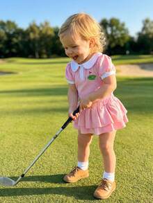 Baby Girls Summer Shorts Outfits Short Sleeve Doll Collar Golf Court Embroidery Romper Tiered PP Shorts Sets - 粉色 - 查看 2