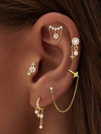 1件S925纯银个性化向日葵珍珠星星流苏耳钉，优雅日常佩戴饰品，节日礼物