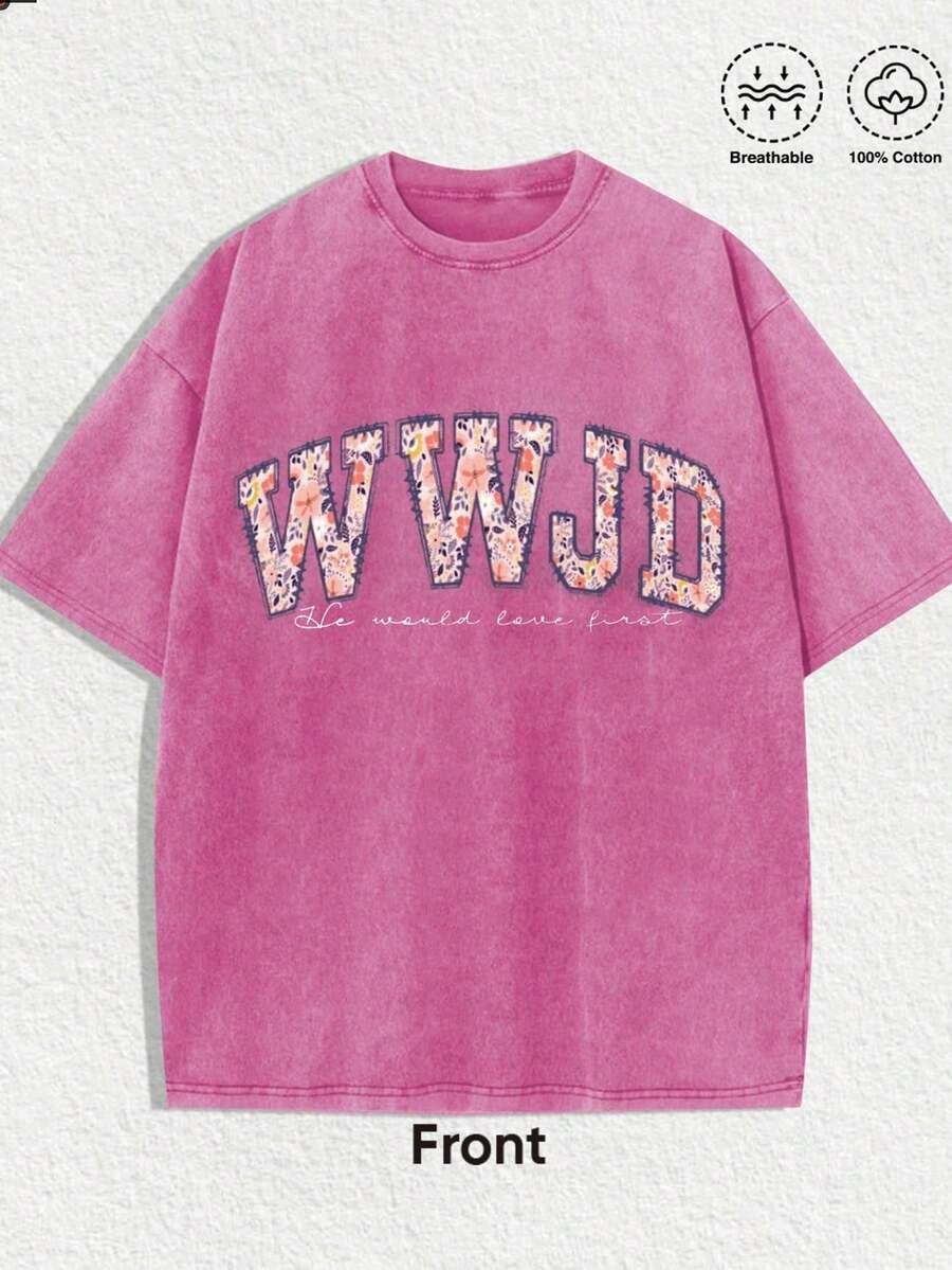 1PCS, Best Selling 2026 Summer Tops For Women Alphabet Pattern WWJD Printed Casual Vacation-Style Loose Multi-Functional T-Shirt, Regular Niche Punk-Style Pink Fitted Crew Neck Short Sleeve Washed T-Shirt, Cotton T-Shirt And Tmaija Ropa De Mujer, Fashionable Daily Top, Fourth Of July Outfits Women, Suitable For Everyday Wear. - Đỏ - Xem 1