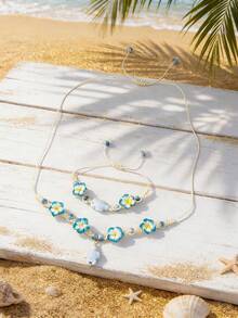2pcs/Set Bohemian Ocean Holiday Style Ceramic Flower Necklace & Bracelet Set, Blue & Pink Sea Turtle Handmade Knotted, Suitable For Holiday Or Party Wear - Multicolor 2 - View 17