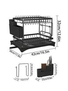 2Layer Double Layer Heavy-Duty Metal Bowl Rack With Drainage Board, Cutlery Rack, And Cup Hook | Space Saving Countertop Bowl Rack, Adjustable Plates, Pots, Pans, And Sturdy Kitchen Storage Rack - Black - View 10
