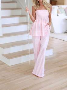 Women's Casual And Comfortable Suit For Spring And Summer, Featuring A Striped, Off-The-Shoulder Bandeau Top And Matching Trousers; A Stylish And Casual Outfit. - 粉色 - 查看 4