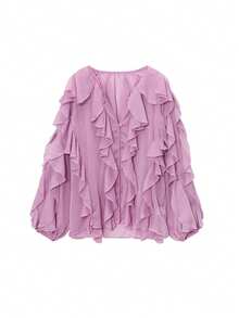 Top de Manga Longa com Babado na Barra e Botões na Frente, Elegante Cardigan de Gola V com Babado Longo e Botões na Frente para Primavera - Malva - Visão 2