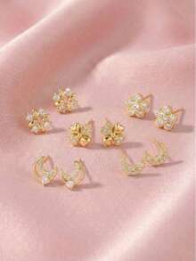 10pcs Set Cute Delicate Gold Plated Copper Cubic Zirconia Four-Leaf Flower Five-Leaf Flower Moon Stud Earrings Jewelry Set, Daily & Holiday Earrings Accessories - Gold - View 2