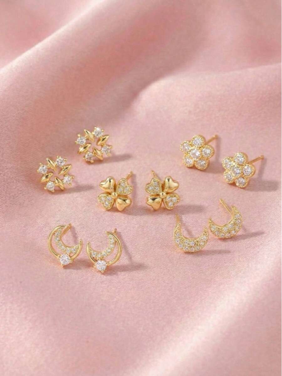 Juego de 10 piezas de pendientes de flores de cuatro y cinco hojas, luna, chapados en oro con circonita cúbica, accesorios de pendientes diarios y festivos - Dorado - Ver 1