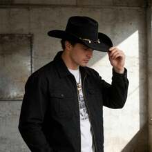 Vintage Western Hat With Beaded Belt Felt Cowgirl Hat Casual Wide Brim Jazz Cap For Women Men For Daily Party Club - 黑色 - 查看 3