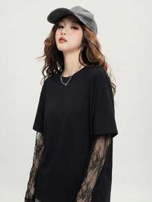 2026春秋新款时尚优雅撞色蕾丝长袖上衣，百搭奢华女式T恤 - 2A10黑色 - 查看 7