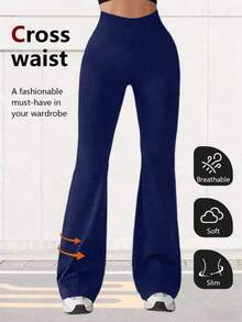 High Waist Flare Yoga Leggings Tight Fitness Wide Leg Pants For Women - Navy Blue - View 3