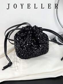 Túi nhỏ thanh lịch, đính sequin tinh tế kiểu cổ điển, túi may mắn mới, trang sức ngọc trai cá nhân hóa, phong cách phương Tây đa năng, túi đeo chéo nhỏ gọn dành cho nữ. - màu đen - Xem 4