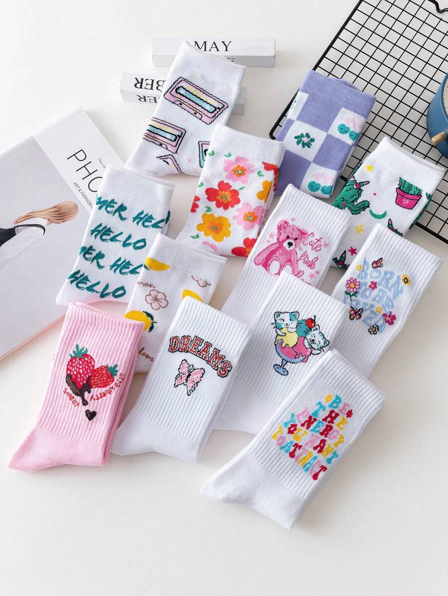 1 Pair Random College Style Women Socks, Athletic Mid-Calf Socks, Student Breathable Long Socks, Fashionable & Versatile For All Seasons - Multicolor - View 1