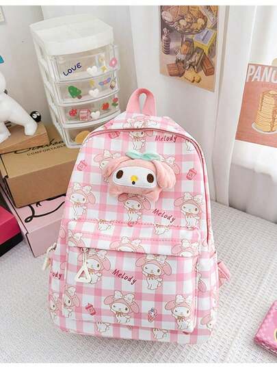 SANRIO 1个可爱卡通印花帆布背包，轻便可爱拉链包，带毛绒挂件，粉蓝色学生书包，适合年轻女性，圣诞节和日常使用的完美礼物