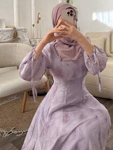 Livesso Women Square Neck Long Sleeve Floral Print Casual Slim Fit Long Dress Fall - Purple - View 1