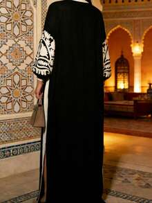 Women's Vintage Printed Dress, Bohemian Style, Button-Up Tie Waist Split Hem Long Dress, Suitable For Middle Eastern Style, Spring/Summer - Black - View 11