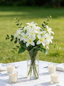 18 Hastes Buquê Artificial de Lírio Branco, Flores de Decoração de Casamento Nupcial Resistentes a UV de Plástico, Noivado, Decoração Doméstica, Adequado para Feriados de Junho, Dia das Mães, Formatura - Vaso Não Incluído, Duradouro e Elegante - Multicolorido - Visão 4