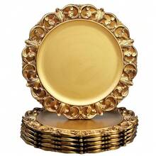 6 platos de servir de plástico con textura, con borde en relieve, en color dorado antiguo de 33 cm, para decoración de mesa, fiestas, bodas y días festivos - FD01G - Ver 1