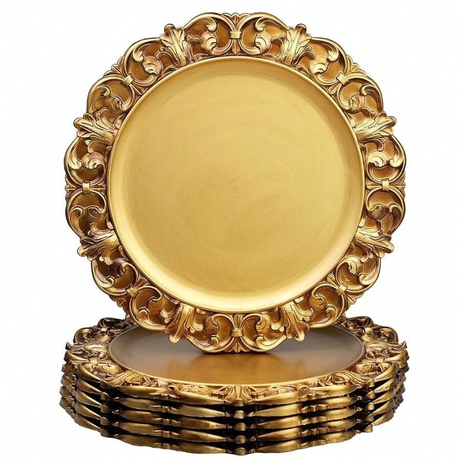 6 platos de servir de plástico con textura, con borde en relieve, en color dorado antiguo de 33 cm, para decoración de mesa, fiestas, bodas y días festivos - FD01G - Ver 1