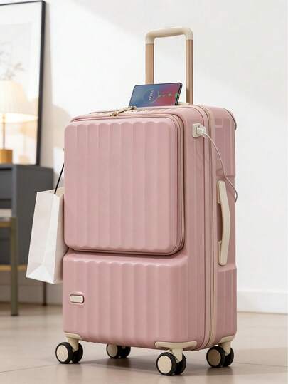 Esta versátil y elegante maleta de 24 pulgadas, color macaron, con apertura frontal, cuenta con puerto de carga USB, compartimento para portátil, ruedas giratorias silenciosas y cerradura de combinación. Es perfecta para viajes familiares, de negocios y escapadas cortas.