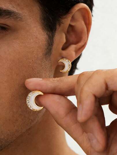 1 par de pendientes de aro con luna de metal blanco con efecto de goteo de aceite y diamante de imitación, elegantes y vintage, adecuados como regalo para hombres en vacaciones, citas, cumpleaños o fiestas