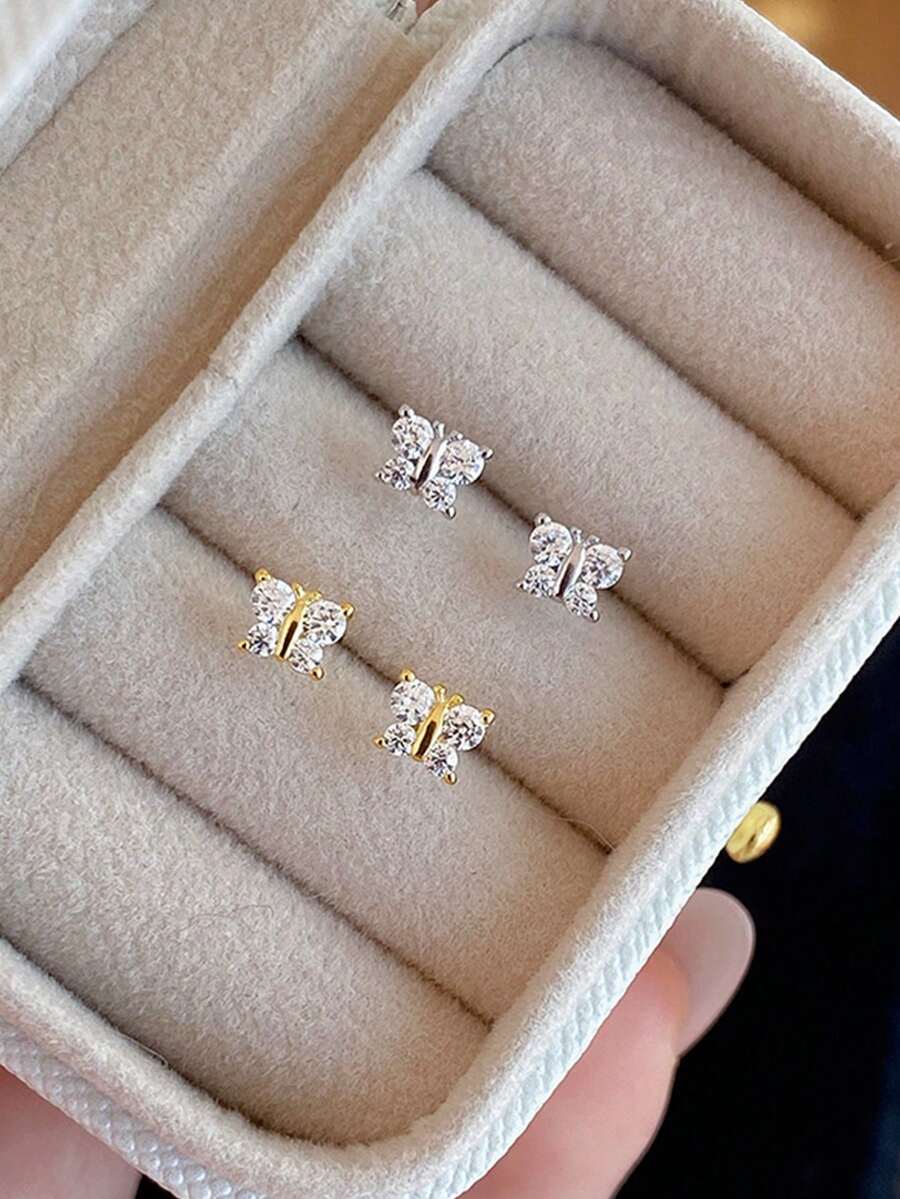 GAGAFEEL 1 Pair Of Cute And Fashionable S925 Sterling Silver Earrings With Zirconia Inlay And Butterfly Earrings For Women's Daily Commuting Outfits - Gold - View 1