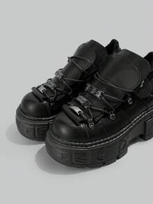 DareSee Women's Punk Style Lace-Up Metal Eyelet Thick Sole Sneakers - Black - View 5