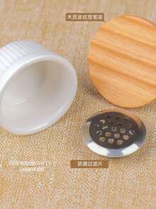 Nail Ceramic Pen Washing Cup Wide Mouth Mesh Cup Multi Functional With Lid Opening Pen Moisturizing Integrated Double Washing Ceramic Cup, Pen Holder, Storage Pen Stand, Nail Salon Tools - Apricot - View 4