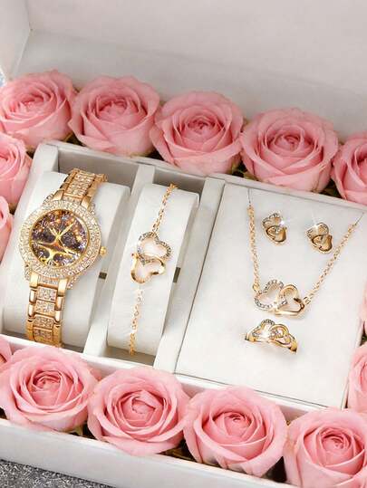 6件套女士优雅石英表套装，采用时尚圆形表盘，搭配心形手链、项链、戒指和耳环，是节日和生日送给女孩的完美礼物。这款时尚腕表设计精美，品质上乘。