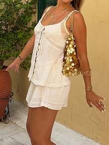 2pcs Women's Live To Mo White Lace Ruffle Camisole And A-Line Mini Skirt Set, Suitable For Beach, Date, Daily Wear And Summer Casual - White - View 6