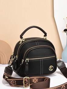 High-Quality Apple-Shaped Soft Leather Multi-Layer Large Capacity Shoulder Crossbody Bag, Fashionable Handbag - Black - View 13