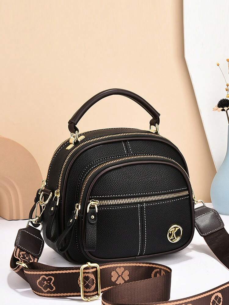 High-Quality Apple-Shaped Soft Leather Multi-Layer Large Capacity Shoulder Crossbody Bag, Fashionable Handbag - Black - View 13