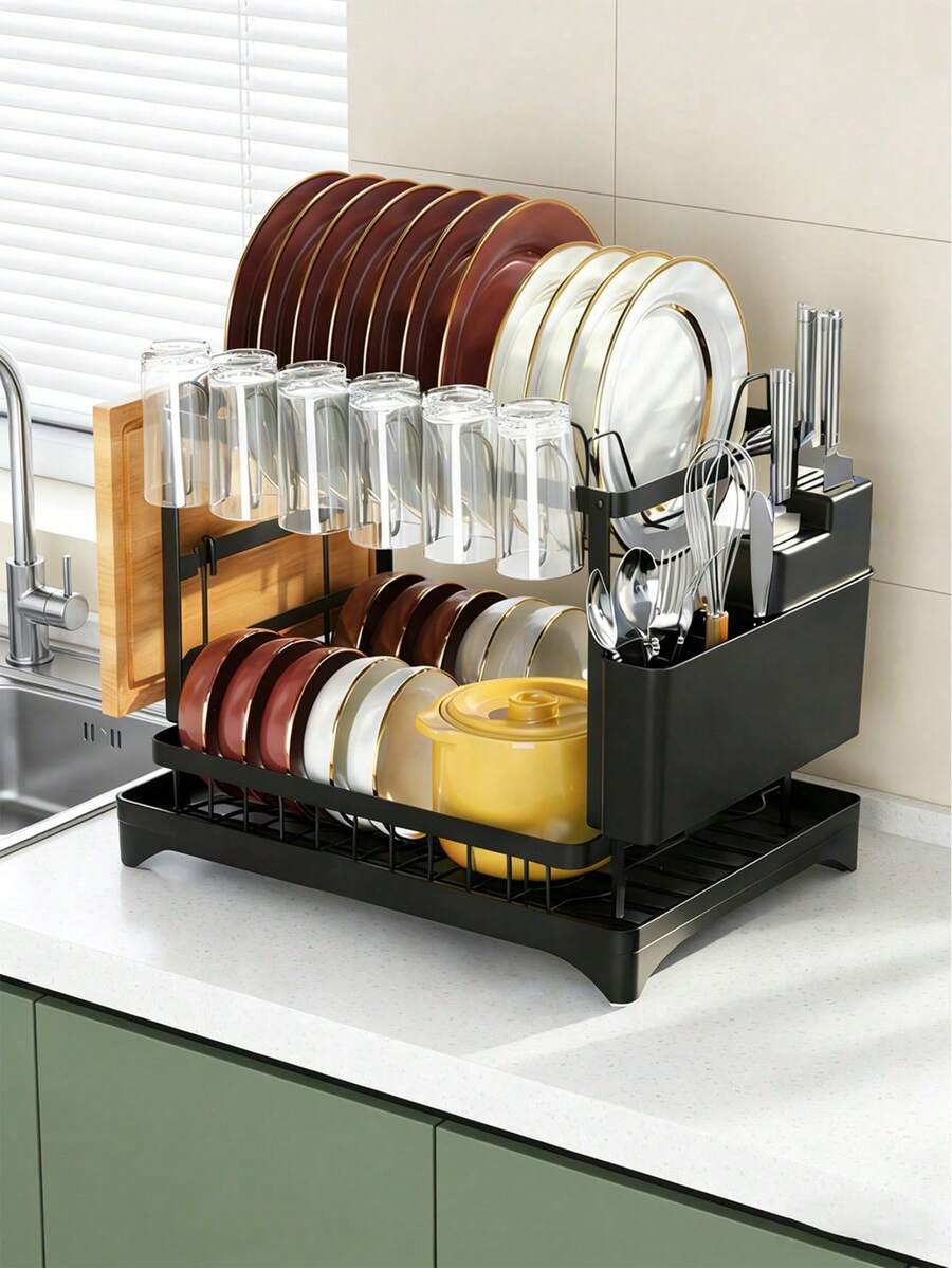 Large-Capacity Double-Layer Kitchen Storage Rack - Metal Dish And Utensil Rack With Drainage Function, Suitable For Bowls, Cups, Cutting Boards - Black - View 1