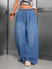 女士休闲阔腿牛仔裤，抽绳腰带，带口袋，长款波西米亚风格，无弹力面料 - 淺色水洗藍 - 查看 5