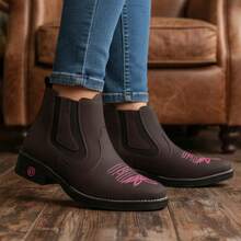 Women's Country Ankle Boot, Western Style, Mid-Calf, Embroidered, Rodeo Style, Comfortable - 棕色和粉紅色 - 查看 8