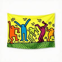 1pc Bedroom Decor Keith Haring Colorful Figures Dancing On Green Ground Tapestry, Decorative Wall Hanging Tapestry For Bedroom, Lotus Spiritual Tapestry, Beach Mat, College Dorm Home Decor Hanging Cloth Gifts Birthday Graduation - 1PC - 查看 1