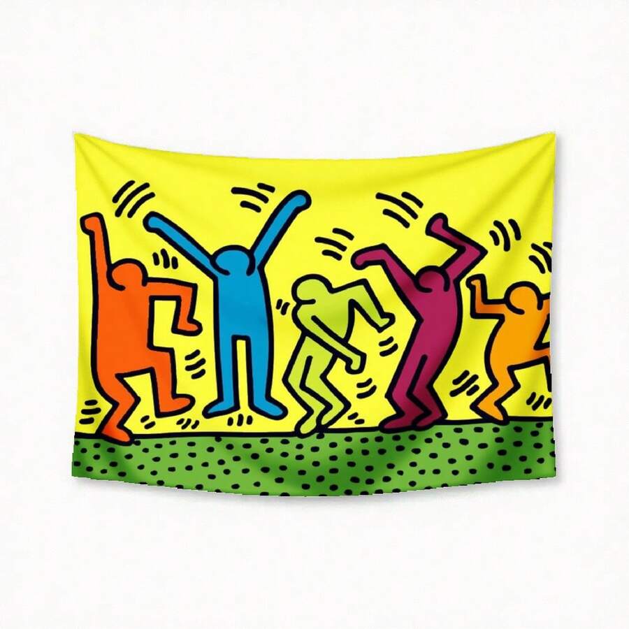 1pc Bedroom Decor Keith Haring Colorful Figures Dancing On Green Ground Tapestry, Decorative Wall Hanging Tapestry For Bedroom, Lotus Spiritual Tapestry, Beach Mat, College Dorm Home Decor Hanging Cloth Gifts Birthday Graduation - 1PC - 查看 1