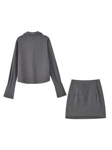 Traje a rayas con botones delanteros elegante y casual para mujer, adecuado para citas en otoño y primavera - Gris - Ver 8