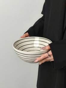 1pc Minimalist Geometric Line Pattern Ceramic Soup/Salad Bowl, Large Capacity Handpainted Line Design Dining Bowl - Multicolor - View 7