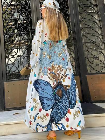Oversized Retro Midi Kimono Cover Up, Loose Fit Beach Cover Up Swimsuit Shawl, Summer Lightweight Outerwear