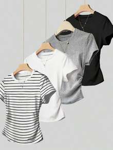 Camiseta de manga corta con pliegues casual para mujer, versátil para el verano - Negro 4 - Ver 6