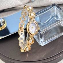 1pc Ladies' Elegant Round Pearl Chain Watch, Oval Metal Case, Fashionable & Graceful Quartz Watch - White - View 12
